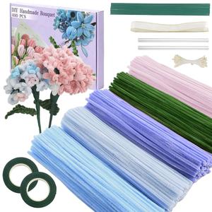 400 Pieces Pipe Cleaners Bulk, 5 Mixed Colors Chenille Stems for DIY Flower Craft Kit - Includes Floral Wires, Garden Tape, Stamen & Ribbon (Vibrant) (Colourful)
