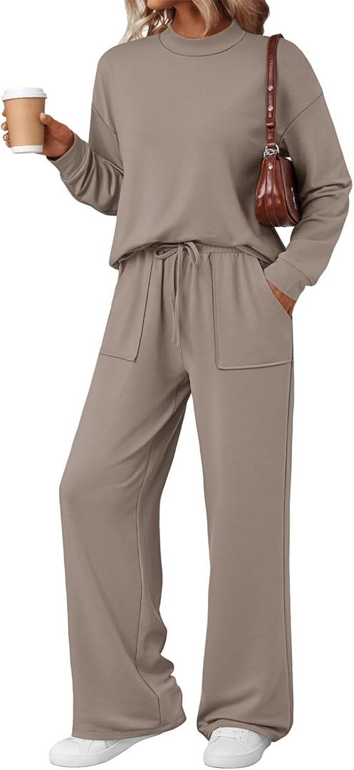 LILLUSORY Womens Two Piece Lounge Sets Mock Turtleneck Tops Wide Leg Drawstring Pants Sweatsuit with Pockets (Small, Nutmeg)