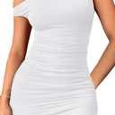 YFANG Women's Sexy Off Shoulder Ruched Mesh Bodycon Mini Dress Sleeveless Slim Fitted Tank Short Dress (White, M)