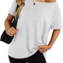 Womens Cotton Off The Shoulder Tops Oversized Short Sleeve T-Shirts Casual Summer Tees Trendy Clothes 2025 Light Grey, 2XL