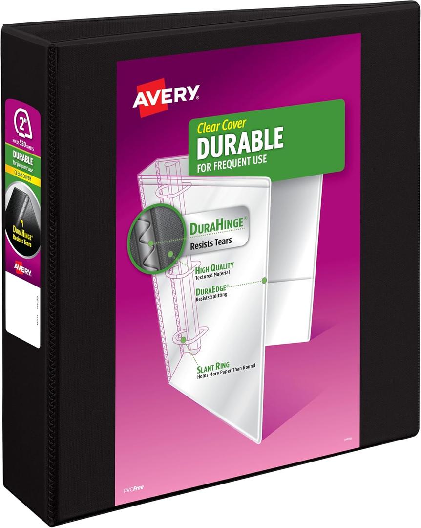 Avery Durable View 3 Ring Binder, 2 Inch Slant Rings, 530-Sheet Capacity, DuraHinge, 2.8 Inch Wide Spine, Customizable Clear Cover and Spine, 1 Black Binder (17031)