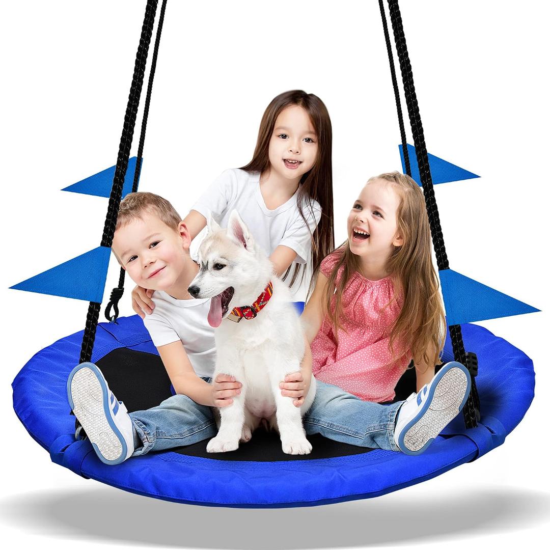 PACEARTH 40 Inch Saucer Tree Swing Flying 660lb Weight Capacity 2 Added Hanging Straps Adjustable Multi-Strand Ropes Colorful Safe and Durable Swing Seat for Children Adults - Blue