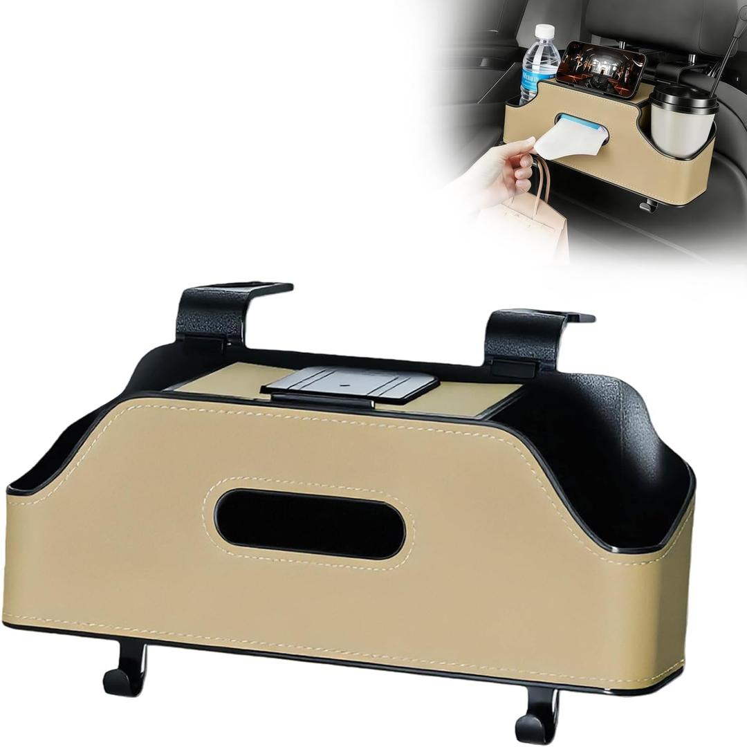 Car Seat Back Organizer with Cup Holder, Multi-Functional Car Seat Back Storage Box with Hook, Leather Headseat Tissue Box, Universal for Most Trucks, SUVs (Beige)