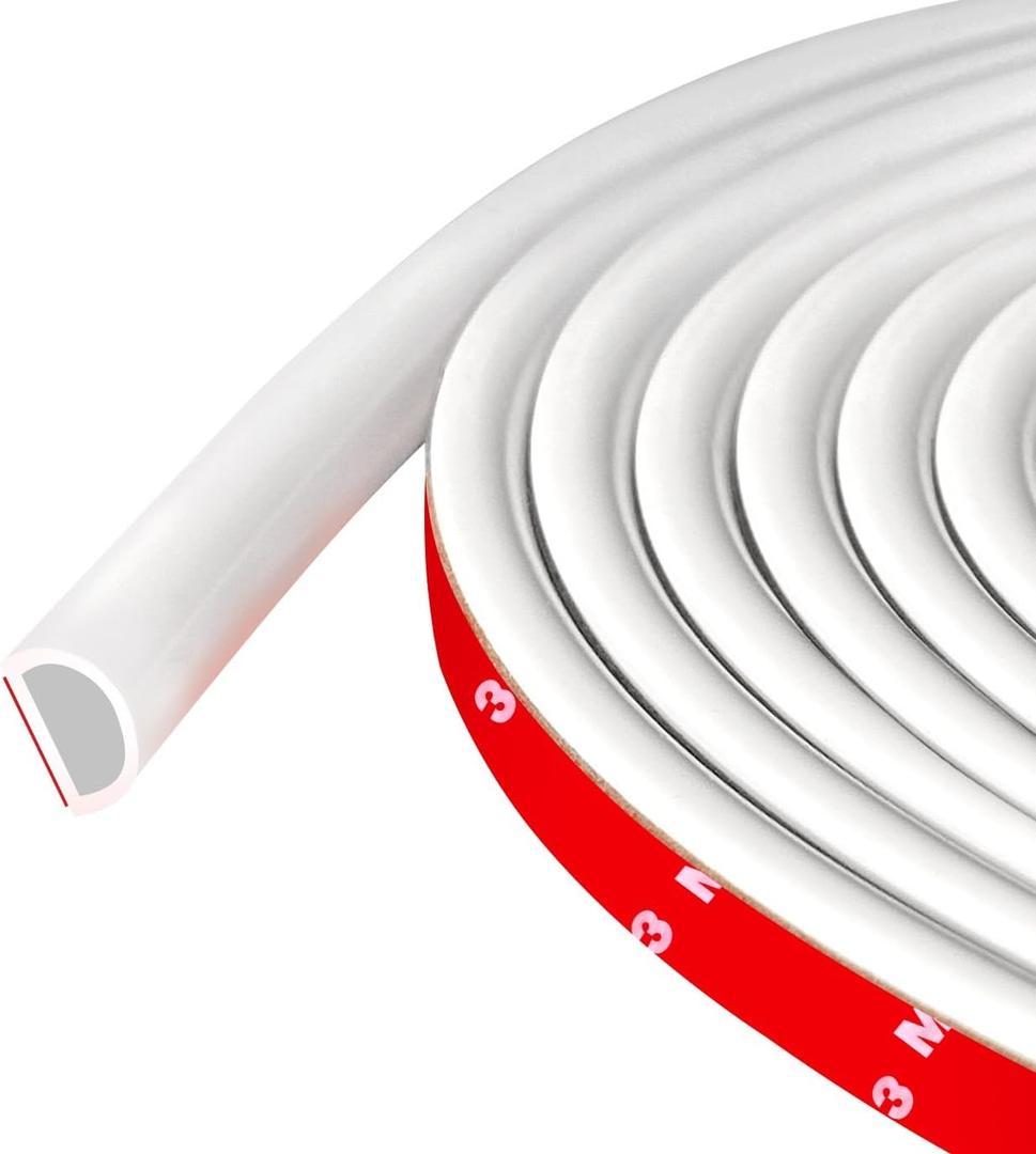 Weather Stripping Door Seal Self Adhesive Weather Strip Silicone D Shaped Door Seal Strip for Door Frame/Window Seal, 20FT, White Color (3/8" W  5/16" T)