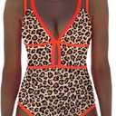 popvil Women One Piece Swimsuit 2026 Tummy Control Sexy Cutout Neon Color Block Bathing Suit Slimming Adjustable Swimwear (Brown, L)