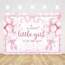 AIBIIN 7x5ft Pink Bow Baby Shower Backdrop A Sweet Little Girl is On The Way Photography Background Pink Glitter Balloon Bachelorette Birthday Party Decorations Banner Photo Props
