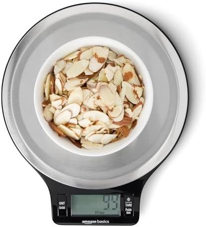 Amazon Basics Digital Kitchen Scale with LCD Display, Batteries Included, Weighs up to 11 Pounds, Black and Stainless Steel