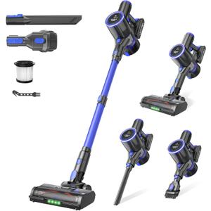 Cordless Vacuum Cleaner, 550W 50KPa 45Mins Vacuum Cleaners for Home, Self-Standing Stick Vacuum with Anti-Tangle Brush & LED Display for Hardwood Floors, Carpet, Pet Hair, Car (Blue)
