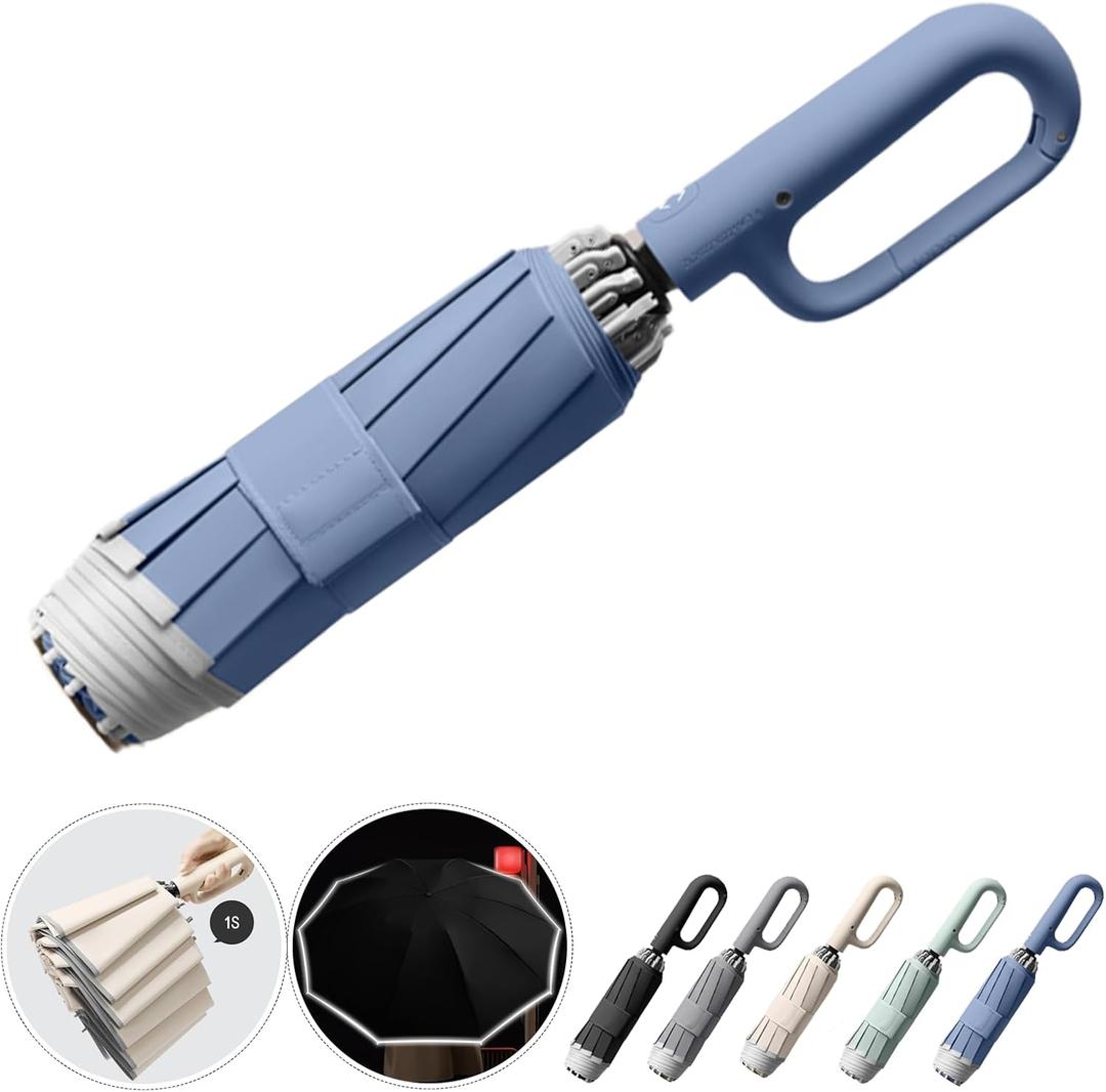 Ring Buckle Fully Automatic Umbrella, Reflective Safety Strip, Sturdy Windproof, Reverse Automatic, Travel Portable, Compact Folding (Blue)