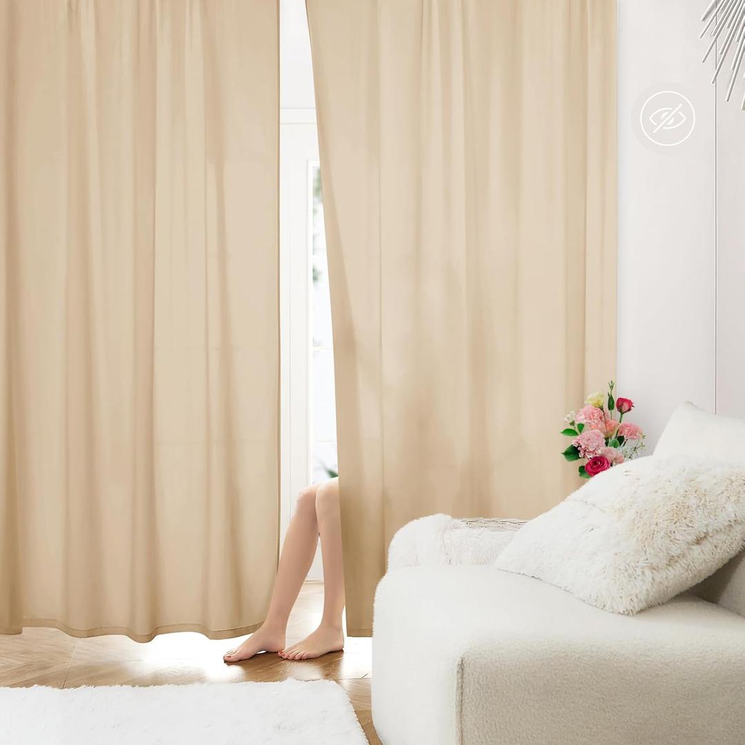 HOMEIDEAS Non-See-Through Beige Privacy Sheer Curtains, 52 X 84 Inches Long 2 Panels Taupe Sheer Curtains Light Filtering Window Drapes for Bedroom Living Room