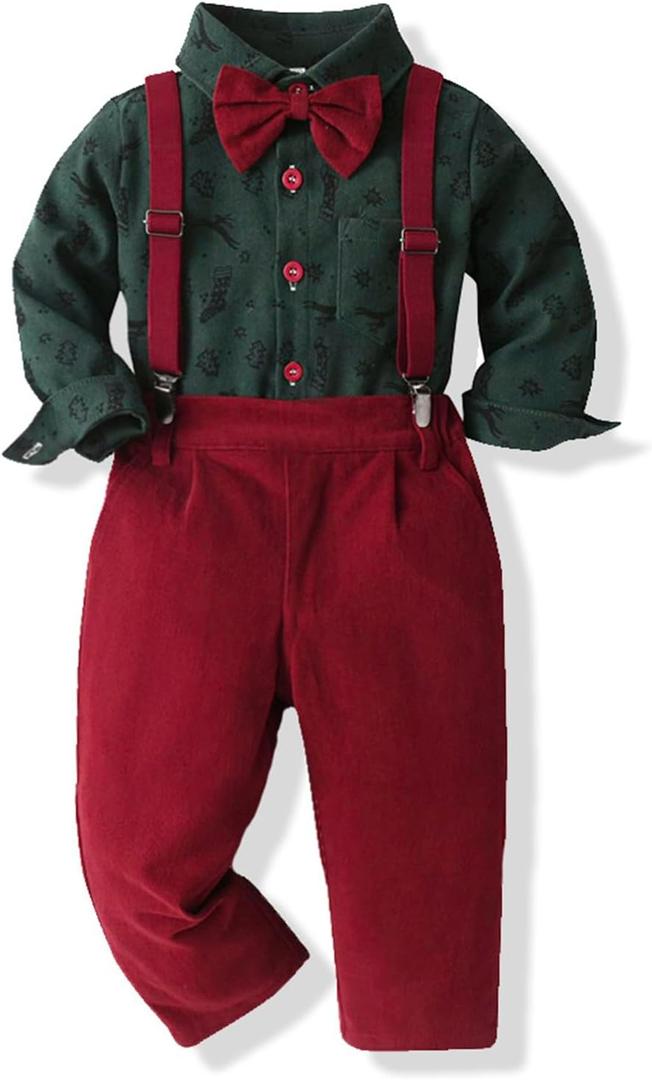 SALNIER Toddler Boy Suit Baby Boys Wedding Dress Outfit Formal Gentleman Clothes Set Dress Shirt Bowtie Suspenders Pants (12-18 Months)