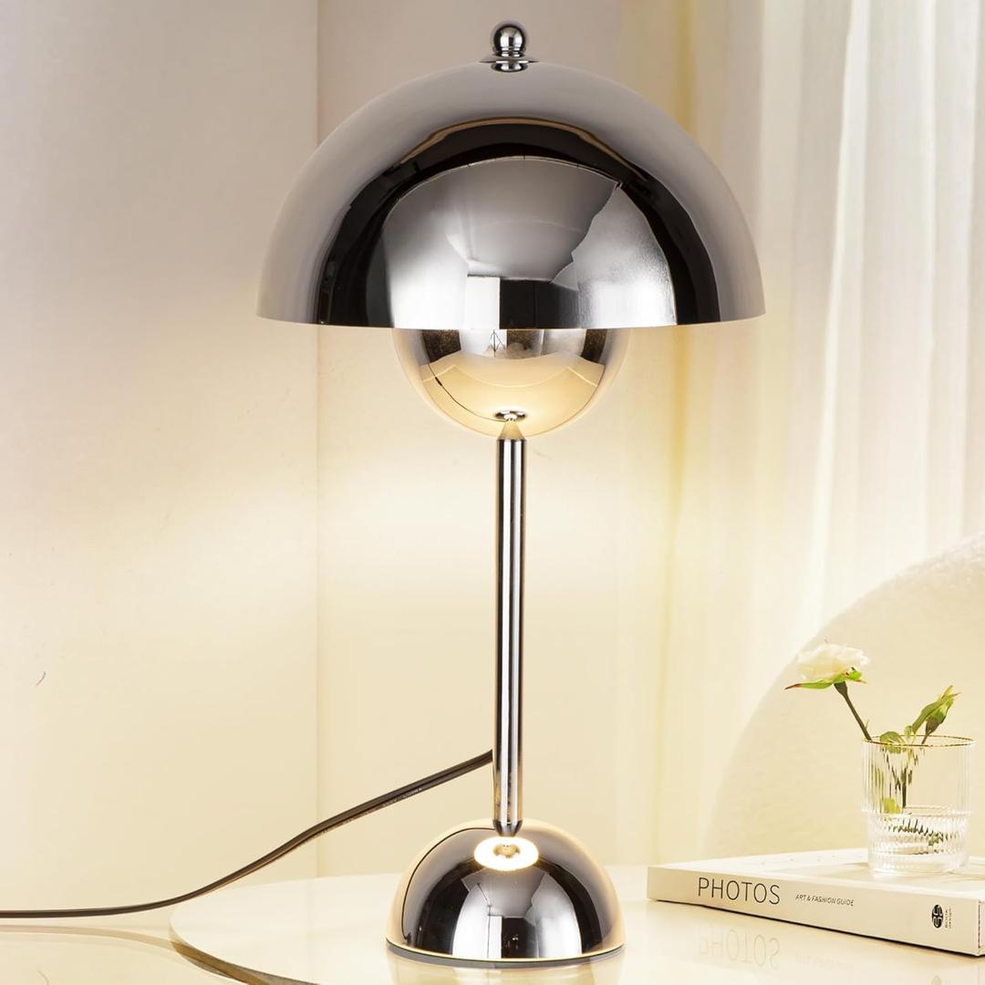 COSYLUX Modern Small Table Lamp for Bedroom, Cute Dome Shade Reflecting Light Reading Lamp for Living Room, Kid's Room, Study, Office, Beside Bedside Nightstand Desk Lamp(Chrome)