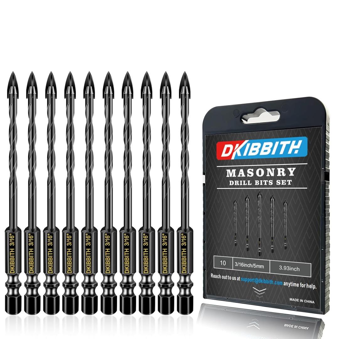 10 Pcs 3/16" Masonry Concrete Drill Bit Set for Tile Brick Glass Plastic Wood, Cross Tungsten Carbide Tip, Hex Shank, Work with Ceramic Porcelain Tile Wall Mirror Paver, 3/16 Inch Drill Bits,5mm.