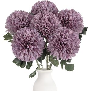 IPOPU 6PCS Large Fake Chrysanthemums 21.6 Purple Mums Artificial Flowers Faux Silk Flowers with Long Stems for DIY Floral Arrangement Home Wedding Party Garden Decoration(Purple)