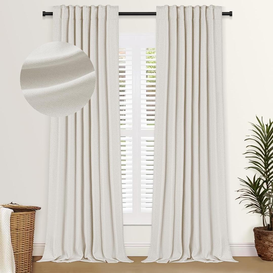 100% Blackout Shield Faux Linen Blackout Curtains for Bedroom 84 Inches Long, Back Tab/Rod Pocket Room Darkening Drapes for Living Room 2 Panels Set, 50" W x 84" L, Cream