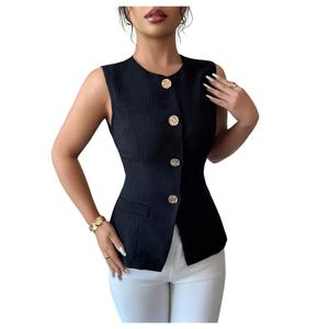 SOLY HUX Women's Summer Button Up Blazer Vest Elegant Crew Neck Sleeveless Business Casual Waistcoat Plain Black Small