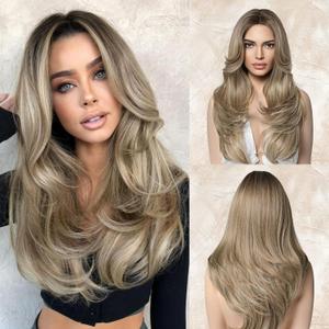 LONAI Ash Brown Wigs for Women 24" Long Ombre Brown Middle Part Layered Wig Synthetic Hair Wig for Daily Use Party Cosplay