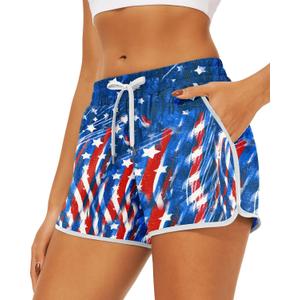 USA Short Women American Flag Shorts Fourth of July Summer Board Shorts 4th of July Outfits (Medium, Blue)