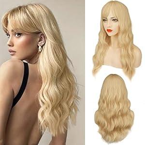 BARSDAR Long Wavy Blonde Wig With Bangs - 26 Inch Long Wavy Blonde Wig with Bangs for Women - Thick Soft Synthetic Hair Replacement Wigs Natural Looking Daily Cosplay Party Halloween