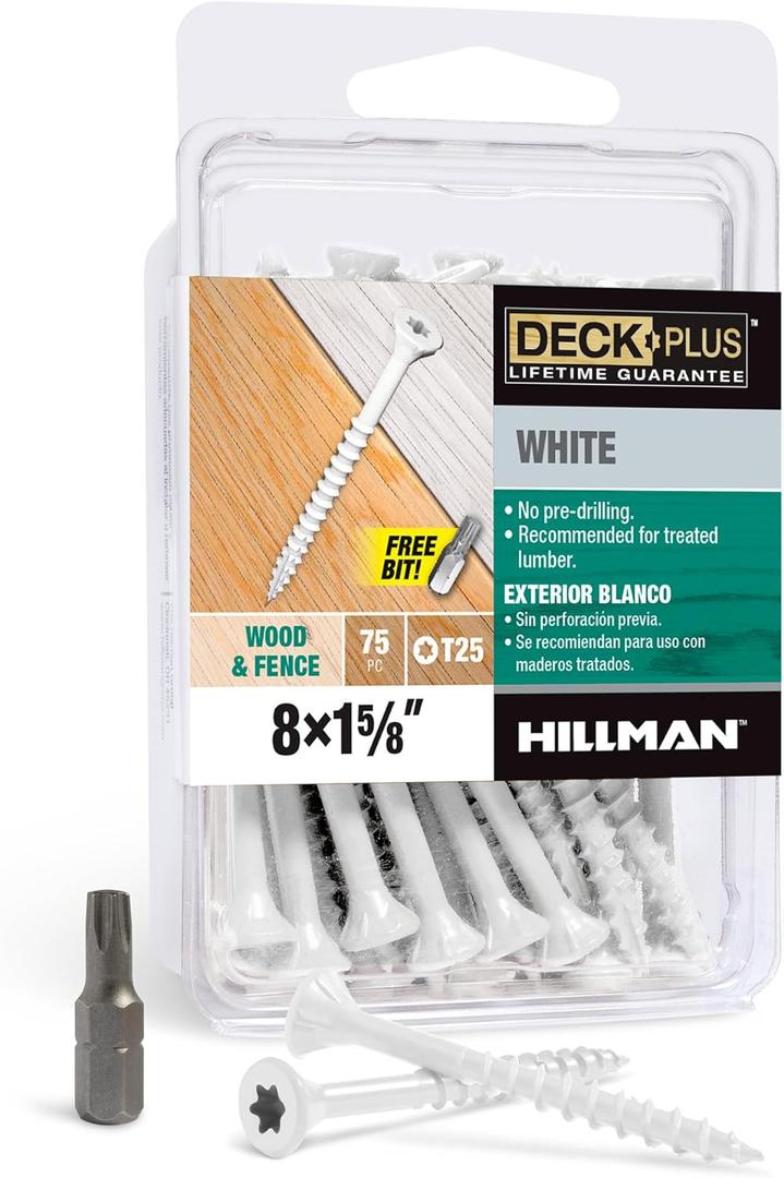 Deck Plus 1-5/8 Inch Epoxy Coated Exterior Wood and Fence Screws #8 x 1-5/8" Torx/Star Drive Included Coarse Thread, Outdoor Rust Resistant Decking Screw, White, 75 Pieces | 42667