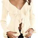 Goranbon Womens V Neck Sexy Sweaters Ruffle Long Sleeve Wrap Loose Sweater Fashion Drawstring Jumper Medium, Off-white