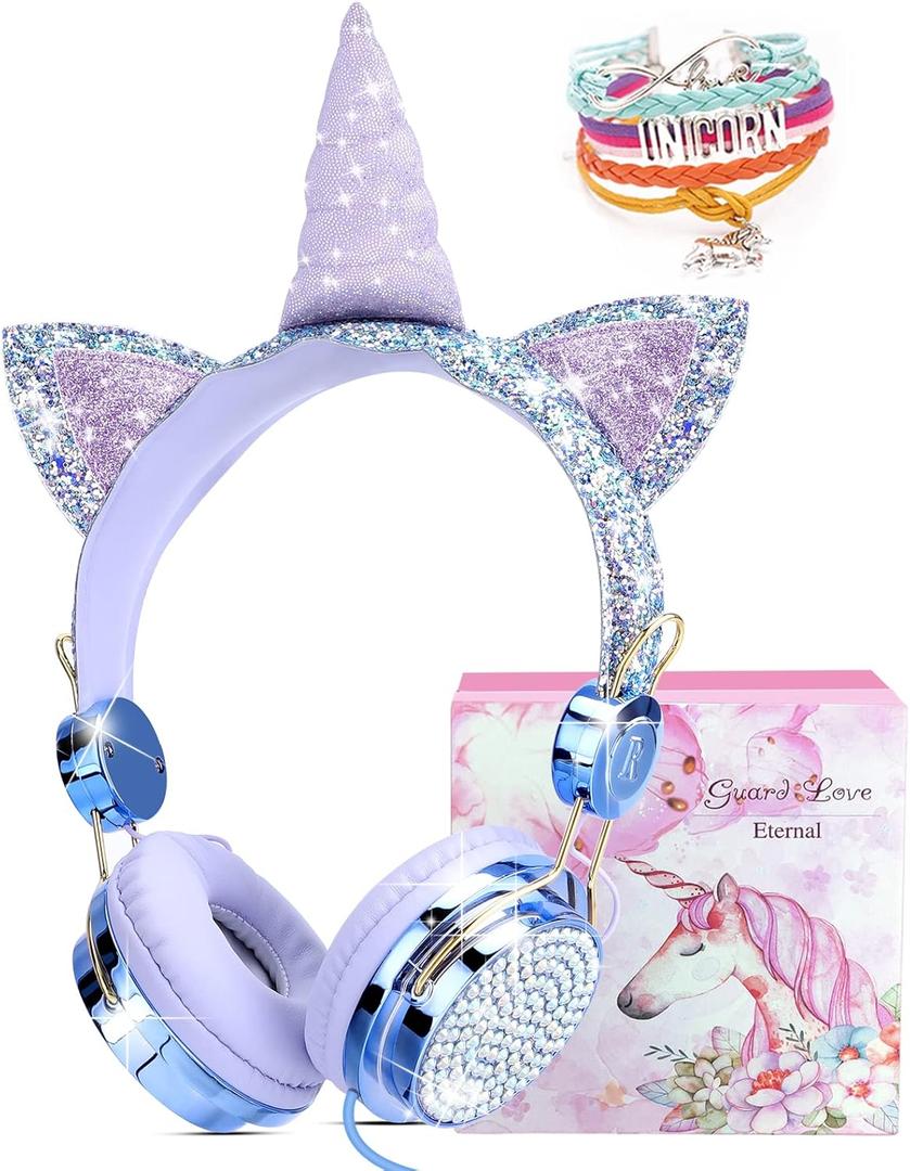 TCJJ Sparkly Unicorn Headphones for Girls, Wired Headset with Mic, HD Stereo Sound, Foldable Over-Ear Headphones,Tangle-Free Cord for School, Travel, Tablet-Ideal Christmas & Birthday Gift for Girls (Blue)