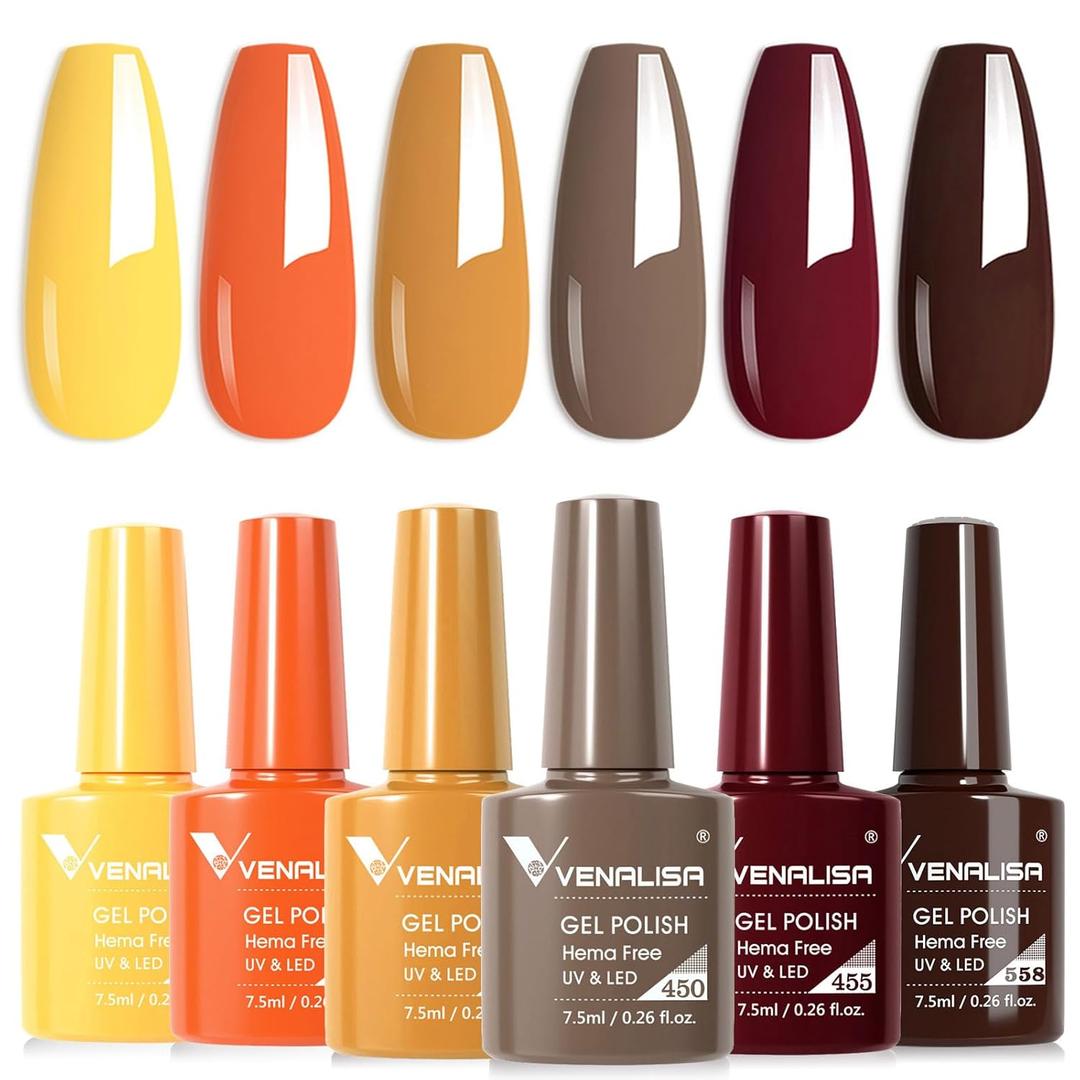 VENALISA Fall Gel Nail Polish Set of 6 Fall Colors Yellow Orange Red Burgundy Brown Gel Polish Kit Soak Off UV Gel Salon Nail Art DIY at Home Manicure