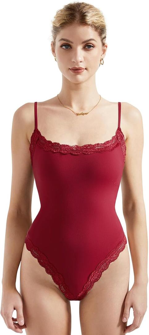 SUUKSESS Women Square Neck Lace Bodysuit Double Lined Sleeveless Spaghetti Strap Tank Top (Wine Red, M)