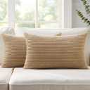 Mecatny Corduroy Summer Decorative Throw Pillow Covers 12x20 Set of 2 for Sofa Living Room, Soft Neutral Boho Couch Pillow Covers for Home Decor, Khaki