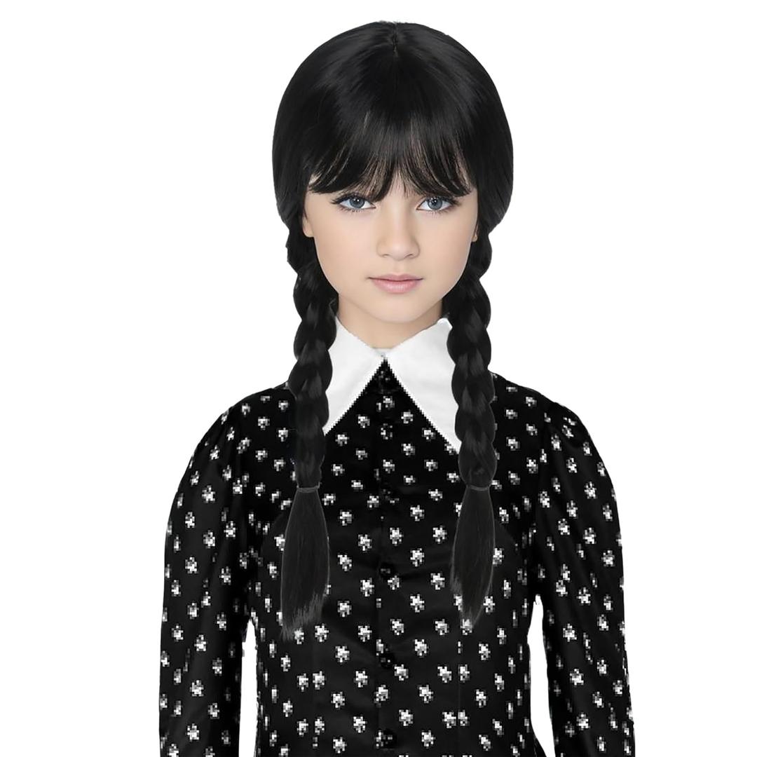 Miss U Hair Long Straight Black Braided Wig with Bangs Gothic 2 Pigtails Halloween Party Wig