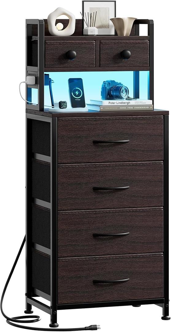 REAHOME 41 Inch Tall Nightstand with Charging Station, LED Night Stand with 6 Fabric Drawers, Bed Side Table with 3-Tier Wood Storage Shelves for Bedroom, Office, Small Spaces, Leather Brown
