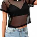 Avanova Women Mesh Sheer Crop Tops See Through Short Sleeve Shirts Loose Sexy Clubwear Black Medium