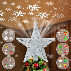 Christmas Tree Topper Projector Lights with 6 Projection Modes, Sliver Star Christmas Tree Topper with Built-in LED Projector, Dynamic Projection for Christmas Party Holiday Decoration