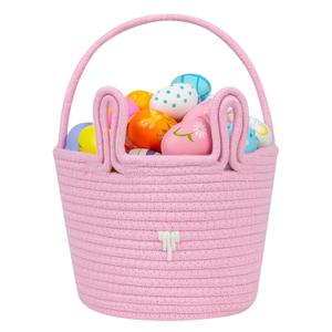 CubesLand Pink Easter Basket for Girls Toddler Kids,Large Cute and Reusable Woven Cotton Rope Empty Gift Bunny Basket with Handle for Easter Egg Hunt, Kids Party Supplies, Easter Decor (Large-9.8 x 7.8 x 7.8)