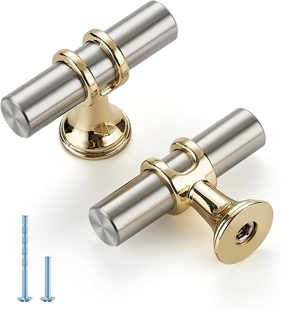 Brushed Nickel and Brushed Brass Cabinet Knobs Handles, Single Hole Modern T-Bar Drawer Pulls, Decorative Hardware for Cabinets, Dressers, and Drawers, 15 Pack