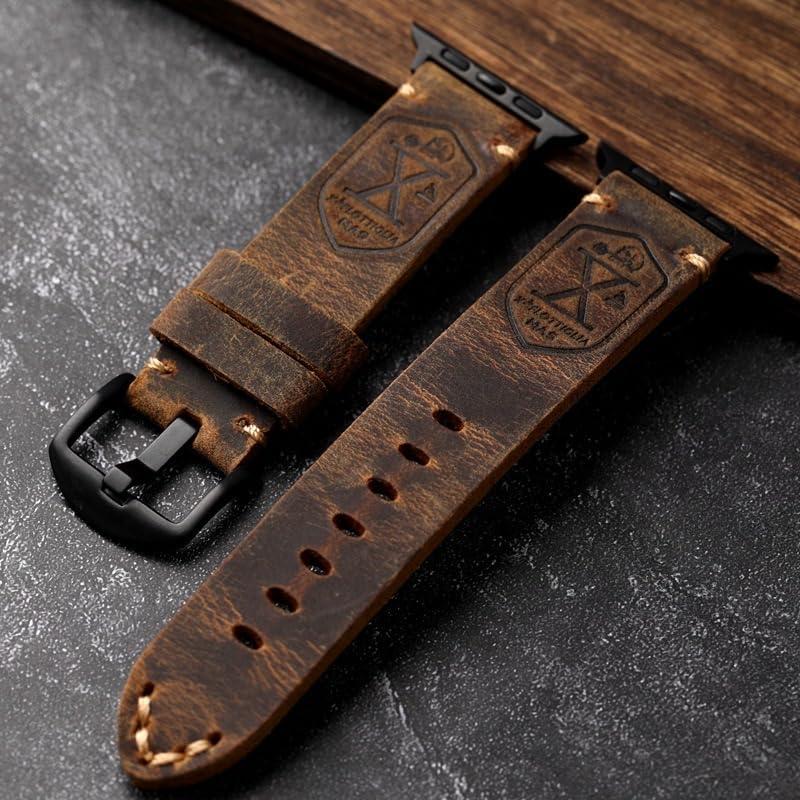 Band Compatible with Apple Watch Ultra 2/1 49mm 45mm 44mm 42mm 41mm 40mm 38mm Series 9/8/SE/7/6/5/4/3/2, Vintage Leather iWatch Strap for Men Women