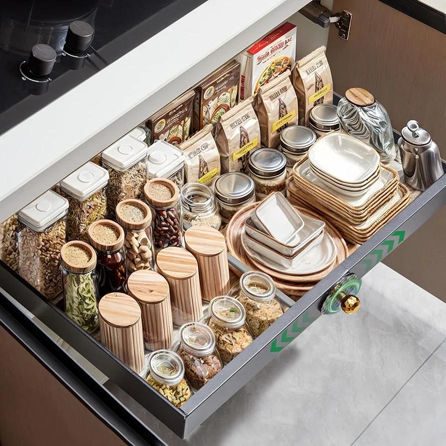 Risnoae Expandable Pull Out Cabinet Organizer (15.5"-27"W), Slide Out Drawers for Kitchen Pantry Bathroom Cabinets 16.5" Deep, Adjustable Cabinet Roll Out Shelves Fixed with Adhesive Nano Film
