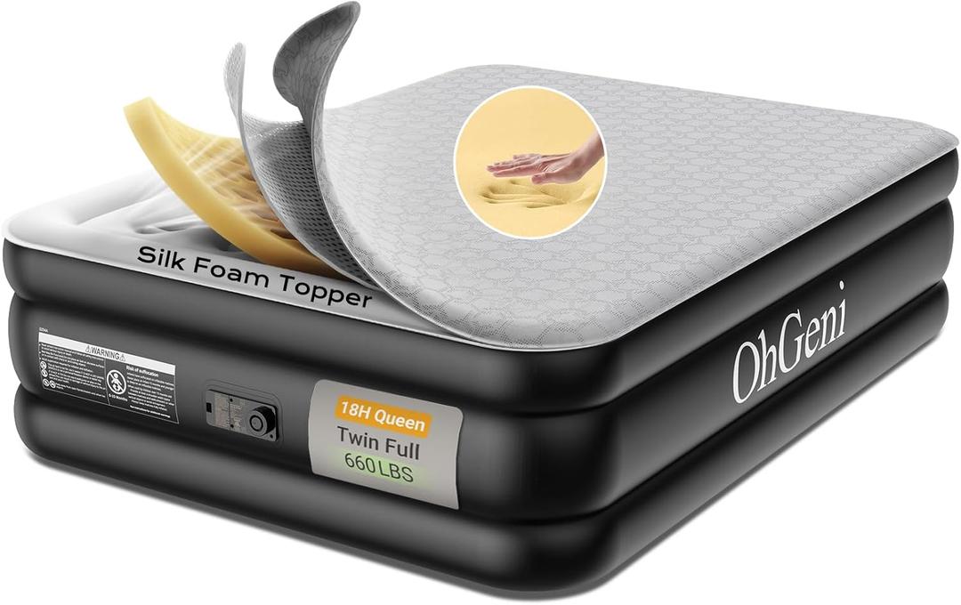 OhGeni 18" Luxury Air Mattress Queen with Built-in Pump, Silk Foam Topper Inflatable Bed for Superior Comfort, Premium Blow-Up Mattress for Home & Guest, Easy Setup, Extra Support, Black
