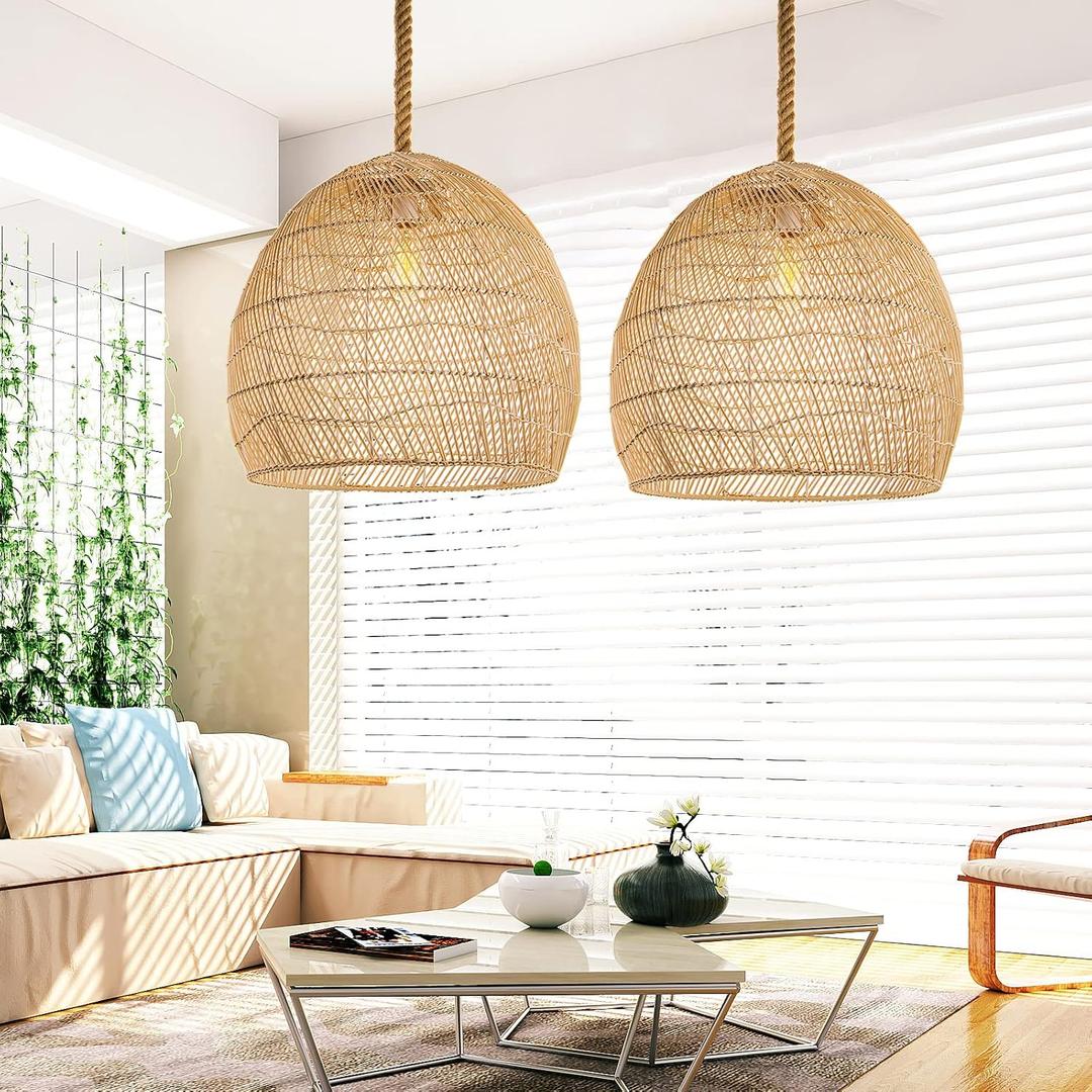 Arturesthome 1 Light Natural Rattan Pendant Light Fixture,Woven Pendant Light Wicker Chandelier,Hanging Ceiling Light,Handmade Lampshade,Rope Lamp for Kitchen Island W19.6in X H 17.7in, W 19.6" * H 18"