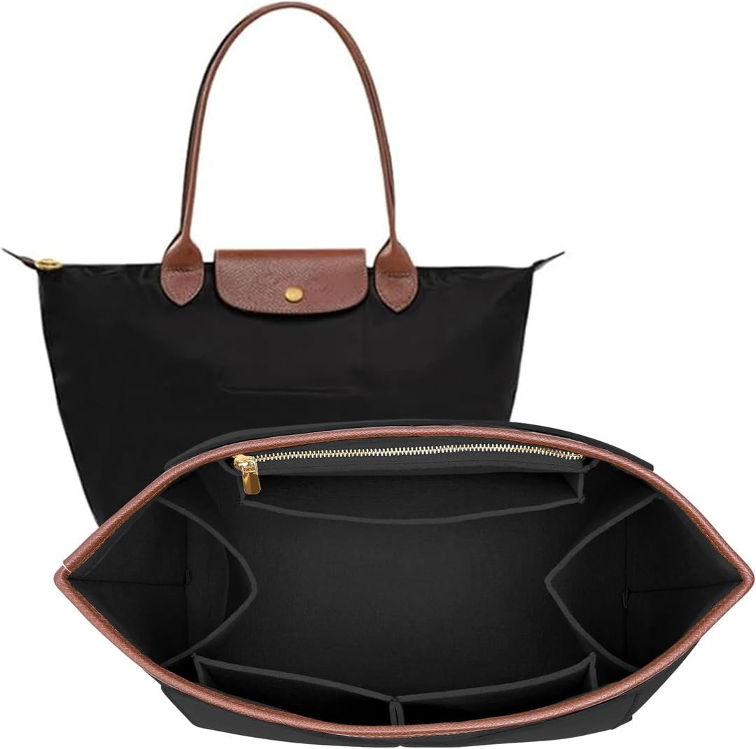 Felt Purse Organizer Insert for Longchamp Le Pliage S Bag Handbag Leather edge Longchamp Organizer Insert (Black, Small)
