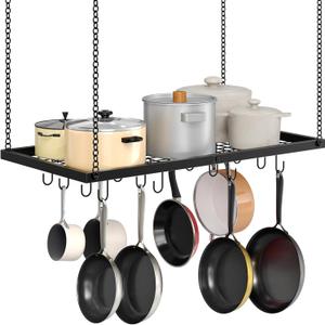 Hanging Pot Rack, Ceiling Mounted Pot Hanger for Kitchen, Metal Cookware Storage Organizer with 12 Hooks, for Storage of Cookware, Utensils in Kitchen, Black TPR31BB
 32x16"