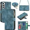 iCoverCase for Samsung Galaxy S22 Wallet Case with Card Holder, Kickstand Feature PU Leather Case with Adjustable Crossbody Lanyard Magnetic Clasp Zipper Pocket Flip Cover (Blue)