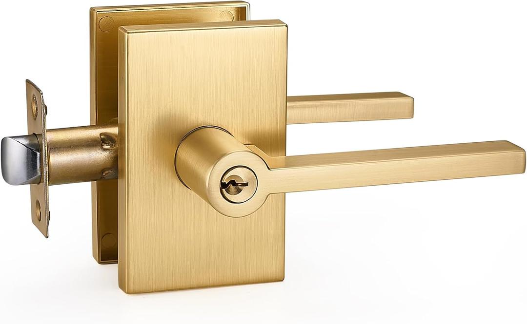 Satin Brass Entry Lever Door Handle Lock Set  Keyed Lock with 3 Keys for Front Door, Bedroom & Office, Reversible for Left & Right-Handed Doors, Heavy Duty, Quick DIY Installation