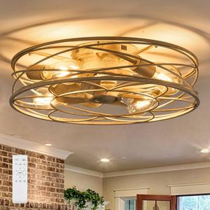 Flush Mount Caged Ceiling Fan: 20" Caged Ceiling Fan with Lights and Remote, Low Profile Cage Ceiling Fan 6 Speed Reversible Quiet Enclosed Bladeless Ceiling Fans for Bedroom Dining Room Kitchen (White Brush Gold)