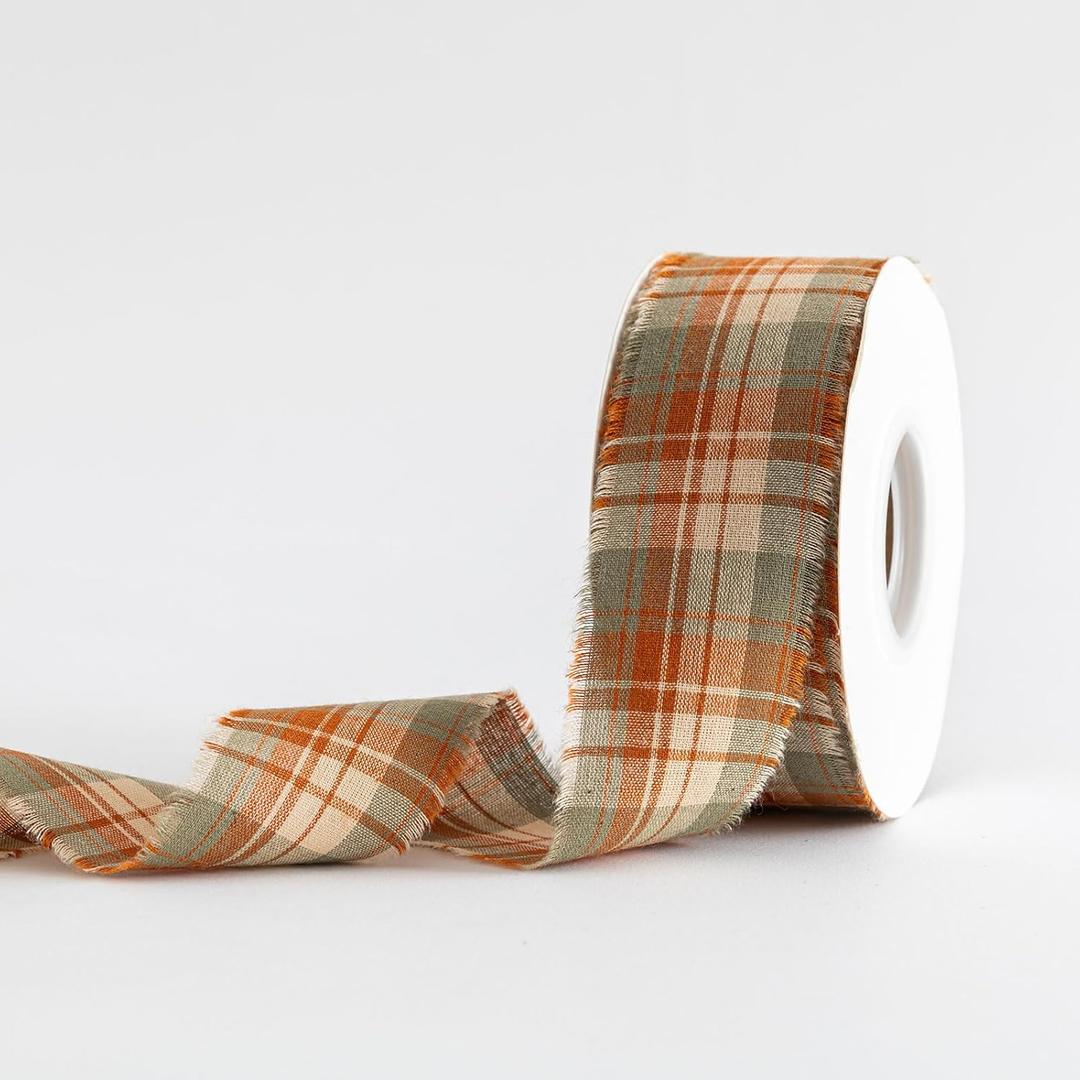 Pretty Jolly Frayed Plaid Cotton Orange Ribbon for Gift Wrapping Flower Bouquet Craft Wedding Invitations Holiday Decor Hair Sewing Accessories 1 1/2 Inch x 25 Yds