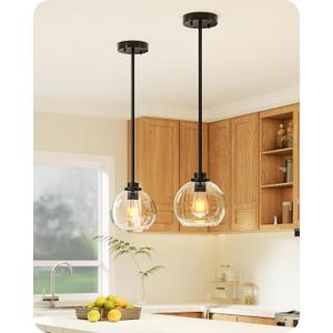 EDISHINE Modern Pendant Lights Kitchen Island 2 Pack, Hanging Light Fixture with Clear Glass Globe Shade, Hardwired Matte Black Adjustable Metal Rod for Bathroom, Dining Room, Bedroom