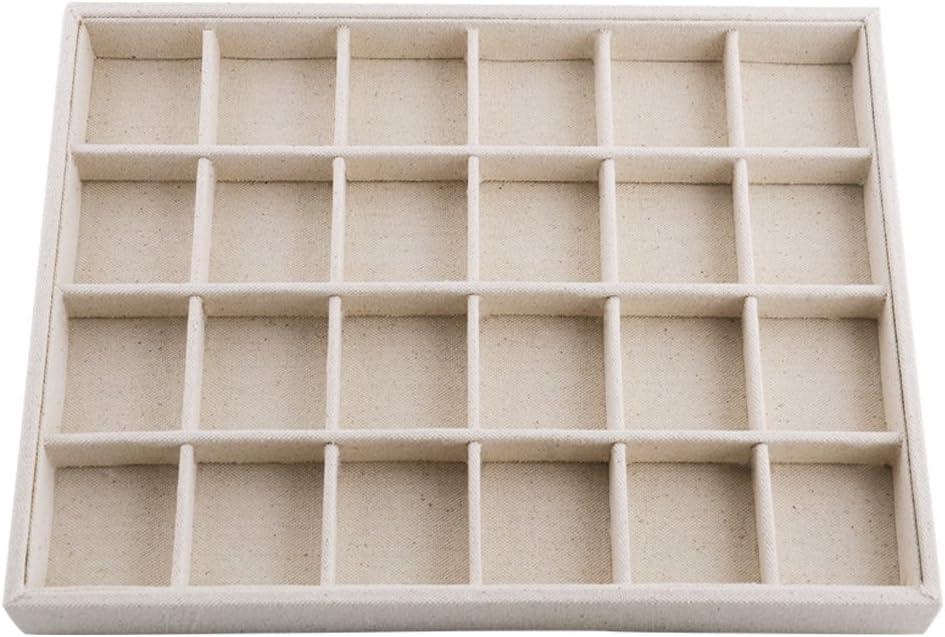 Oirlv Stackable Linen Jewelry Tray Adjustable 24 Grid Jewelry Storage Case for Drawer or Showcase