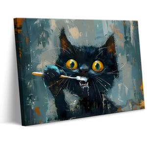 Funny Cat Brushing Teeth Canvas Wall Art Interesting Animal Bathroom Wall Decor Picture A Black Cat Brushing His Teeth Poster Print for Bathroom Washroom Laundry Room Toilet Restroom Home Decorations