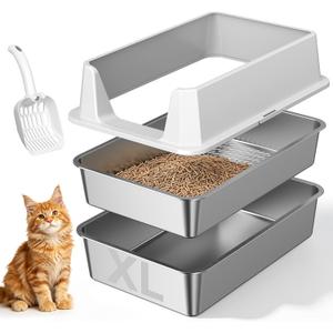 Stainless Steel Sifting Cat Litter Box for Pine Pellets, Light Gray