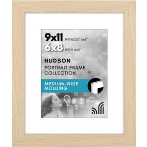 Americanflat 9x11 Picture Frame with Shatter-Resistant Glass - Use as 6x8 Frame with Mat or Display 9x11 Photo Without Mat - Hudson Collection - Wide Picture Frames for Tabletop and Wall - Natural Oak